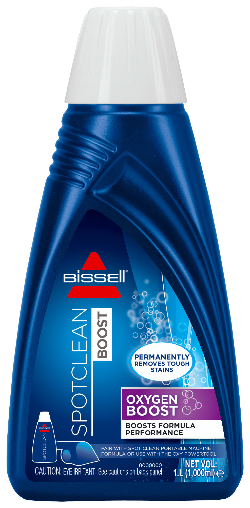 Blaue Bissell Spotclean Boost Flasche, weißer Deckel, Text und Blasen.