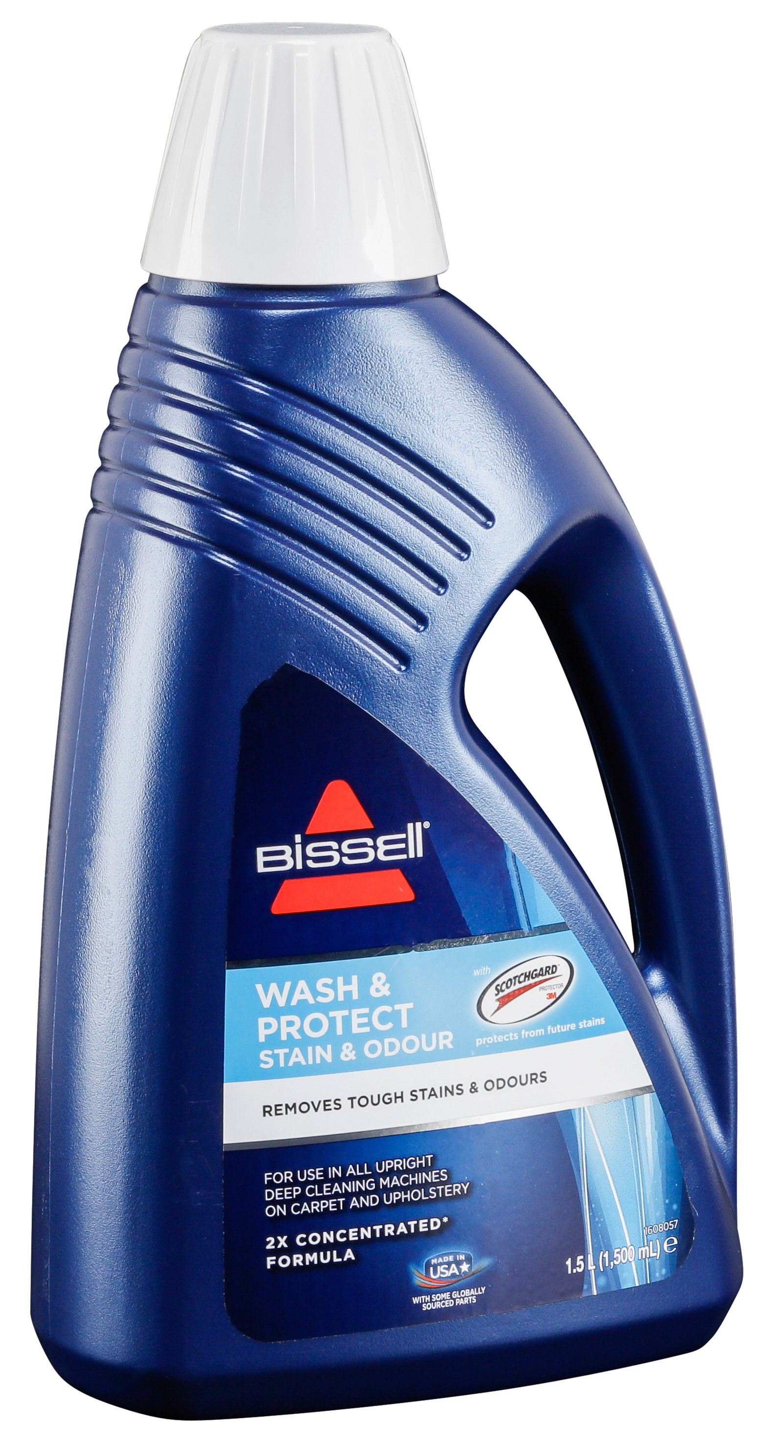 Bouteille bleue de solution de nettoyage avec bouchon blanc, fond blanc.