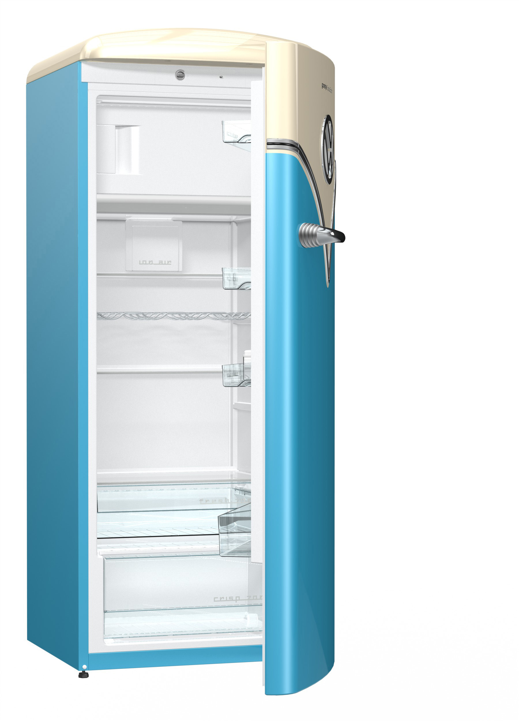 GORENJE OBRB 153 BL  VW-Bulli Retro  Kühlschrank (254 l, E, 1540 mm hoch, Baby Blau/Champagne)