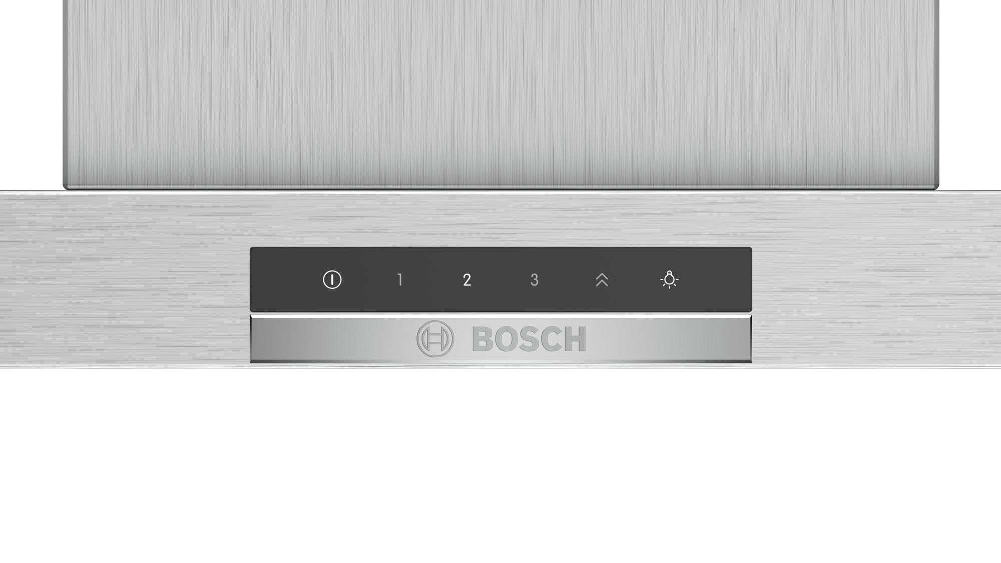 Bosch Bedienfeld. Silber, mit Tasten für Strom, 1-3 Geschwindigkeitseinstellungen und einem Lichtsymbol.