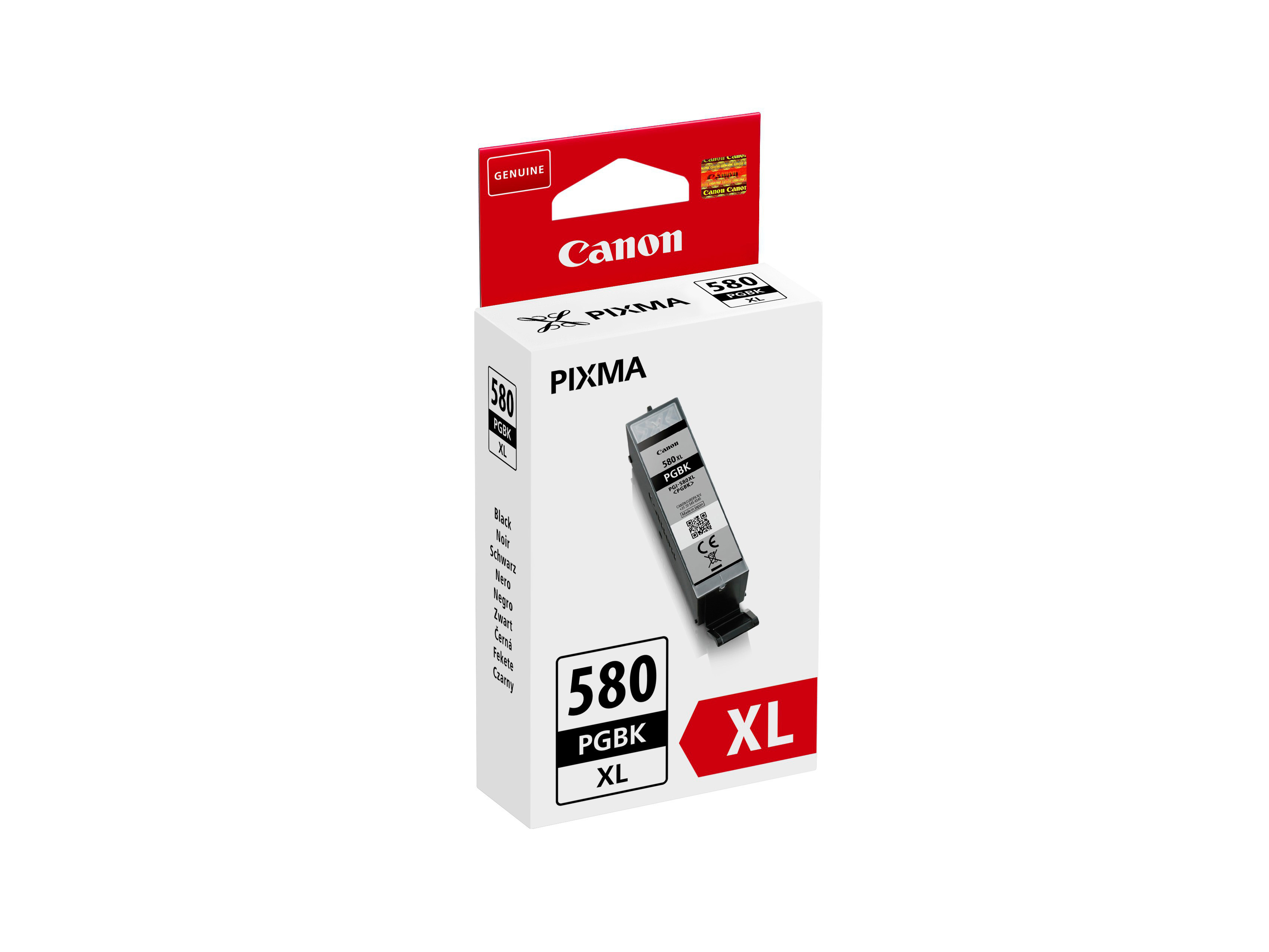 Ein Canon Pixma 580 PGKBK XL Tintenpatronenbox, mit einem Bild der Patrone.