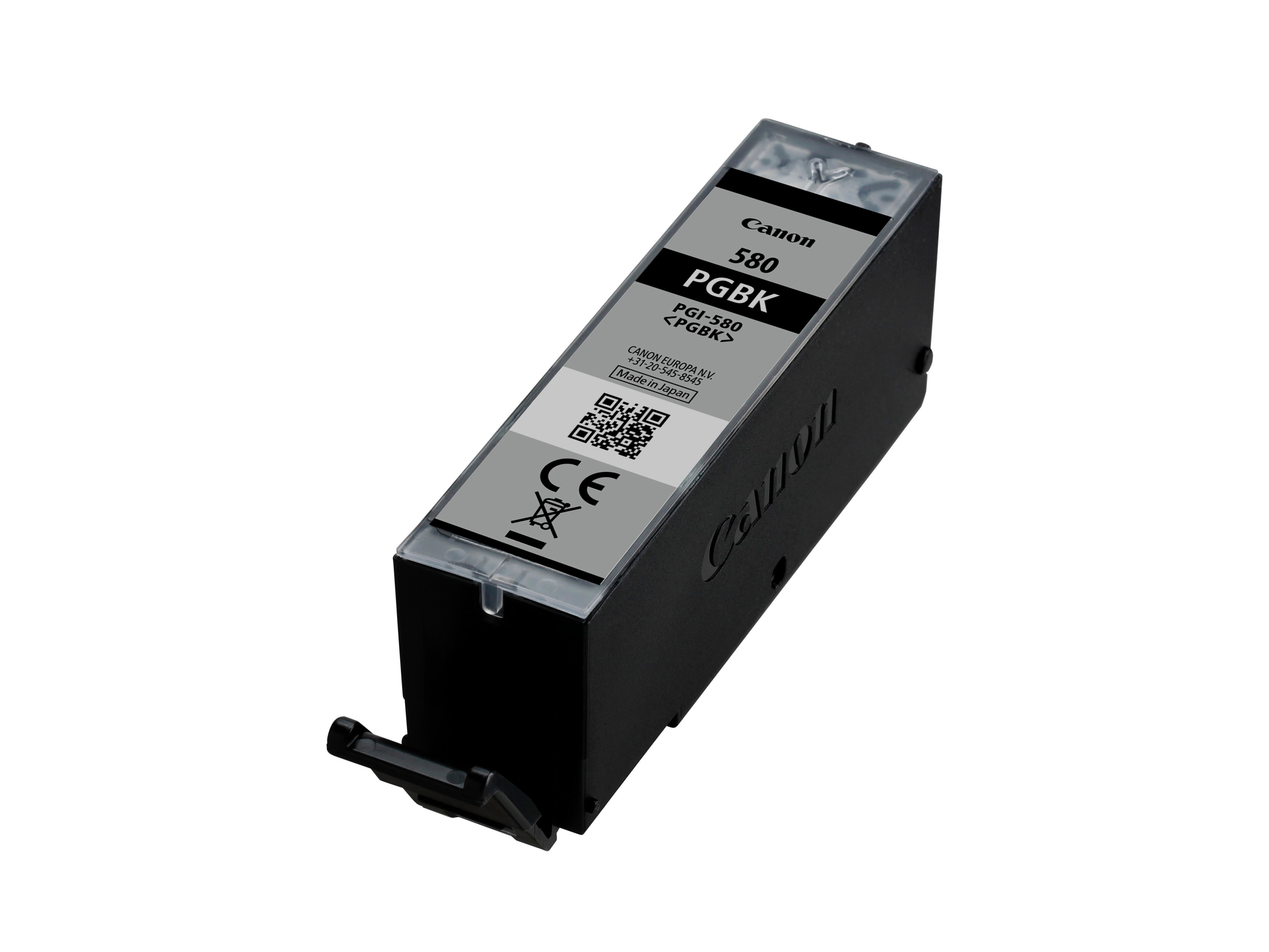 Schwarze Canon Tintenpatrone. Die Patrone hat ein Etikett mit Informationen.