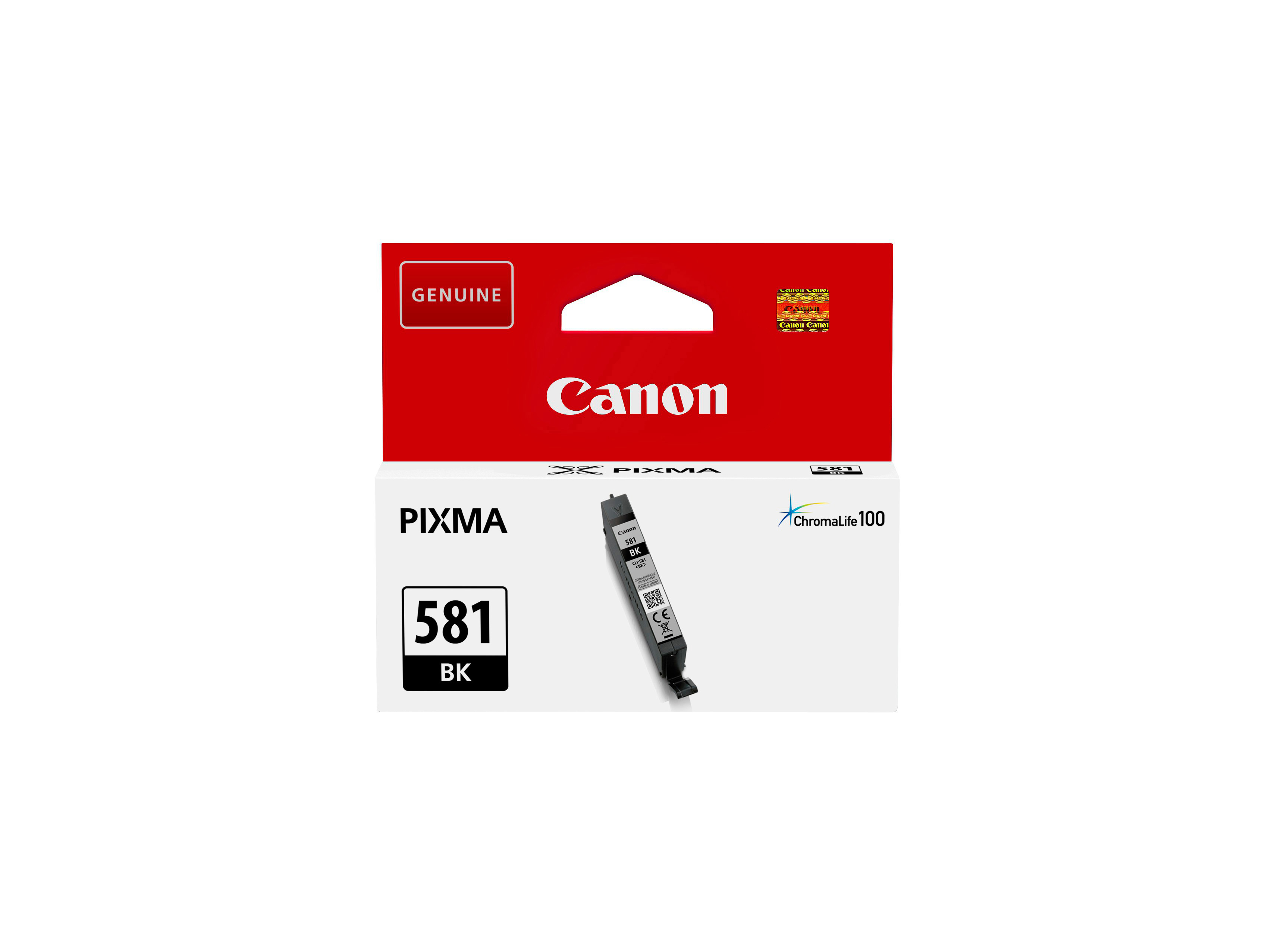 Eine Canon PIXMA Tintenpatrone in einer rot-weißen Schachtel, die Patrone ist sichtbar.