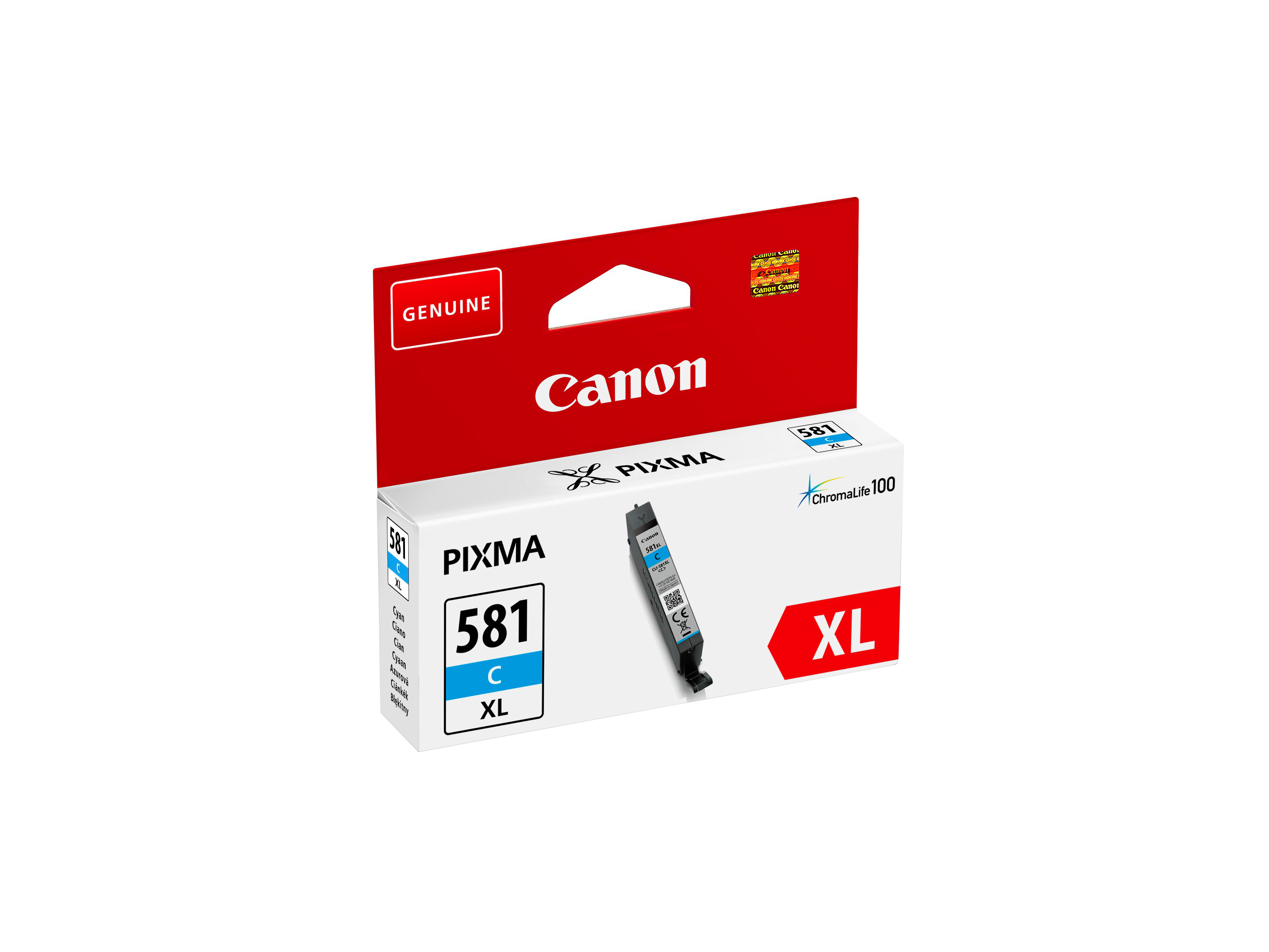 Canon Pixma 581 C XL Tintenpatrone in Verpackung mit rotem Deckel und blauer Patrone.