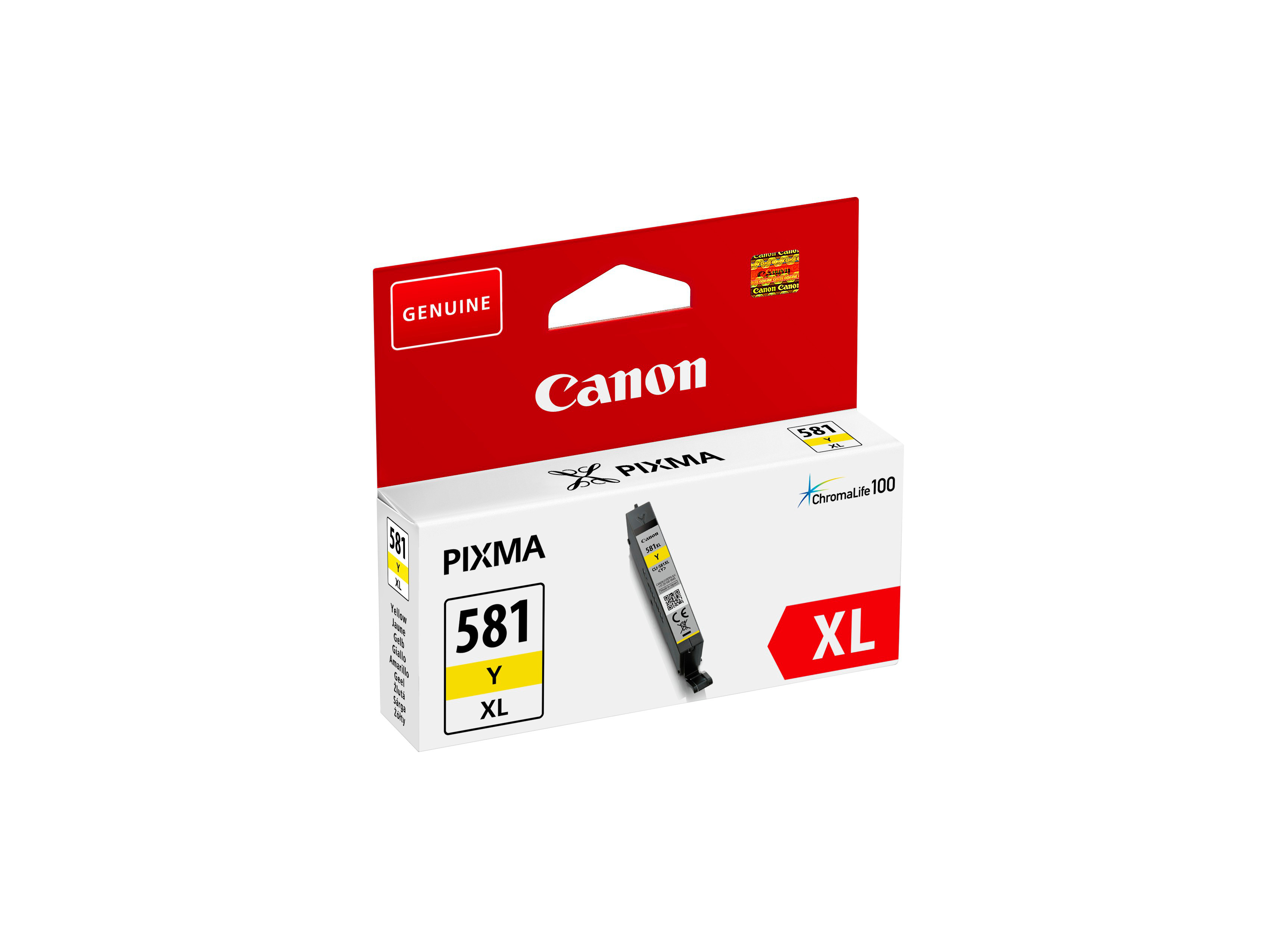 Canon Pixma Tintenpatronenverpackung. Die gelbe Patrone befindet sich in der weiß-roten Box.