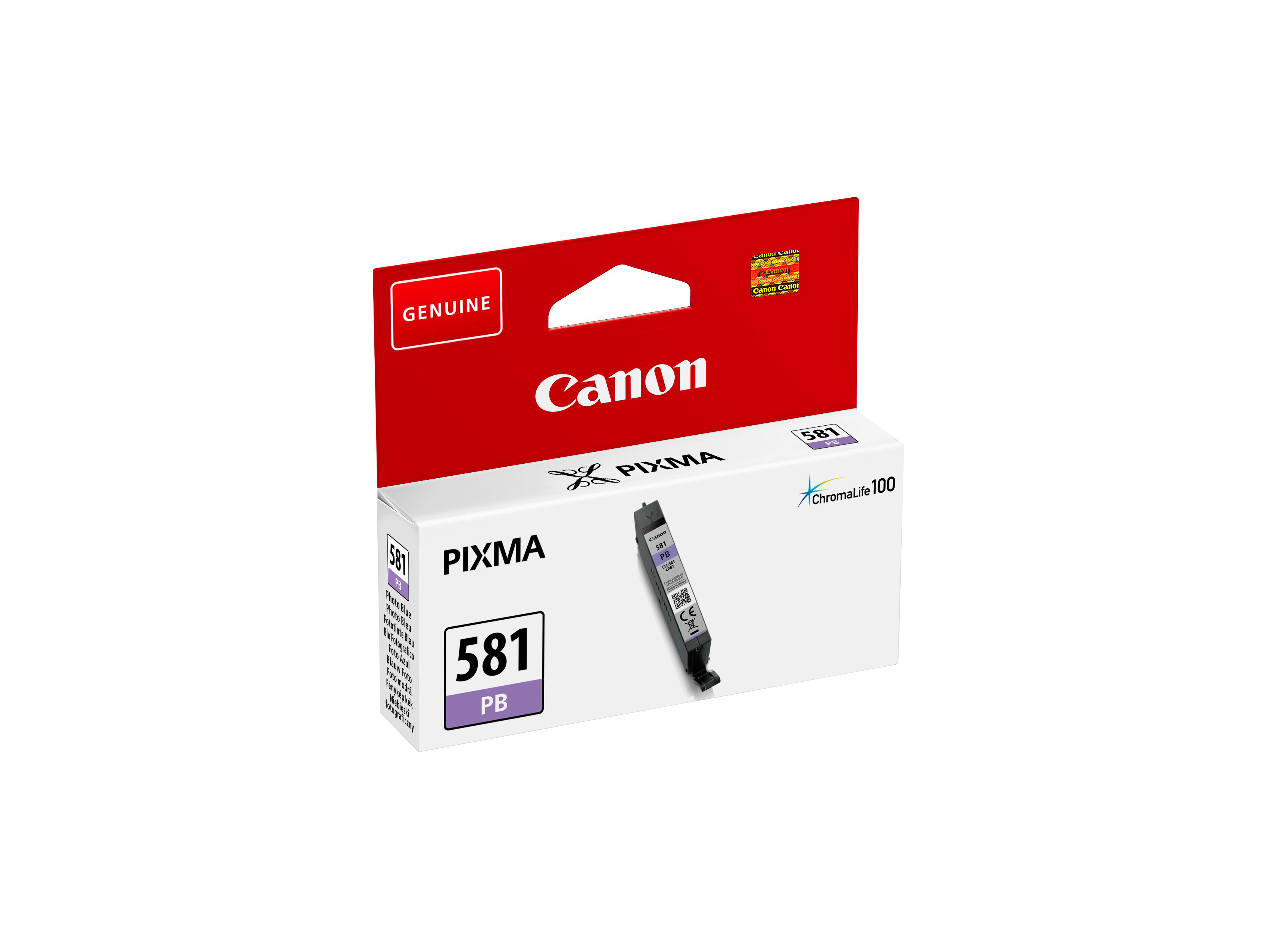 Eine Canon Pixma 581 PB Tintenpatronenpackung. Rote und weiße Verpackung.