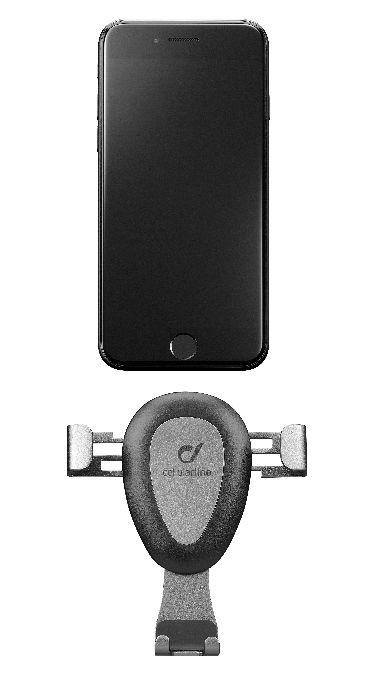 Ein schwarzes Smartphone über einer Autotelefonhalterung, grau und schwarz, weißer Hintergrund.