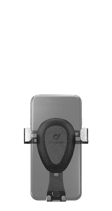 Telefon in einer Autohalterung. Die Halterung ist an der Rückseite des Telefons befestigt. Weißer Hintergrund.