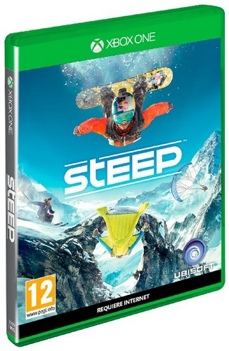 Caja del juego de Xbox One de Steep. Snowboarder en la portada, telón de fondo de montaña nevada, estuche verde y título del juego.