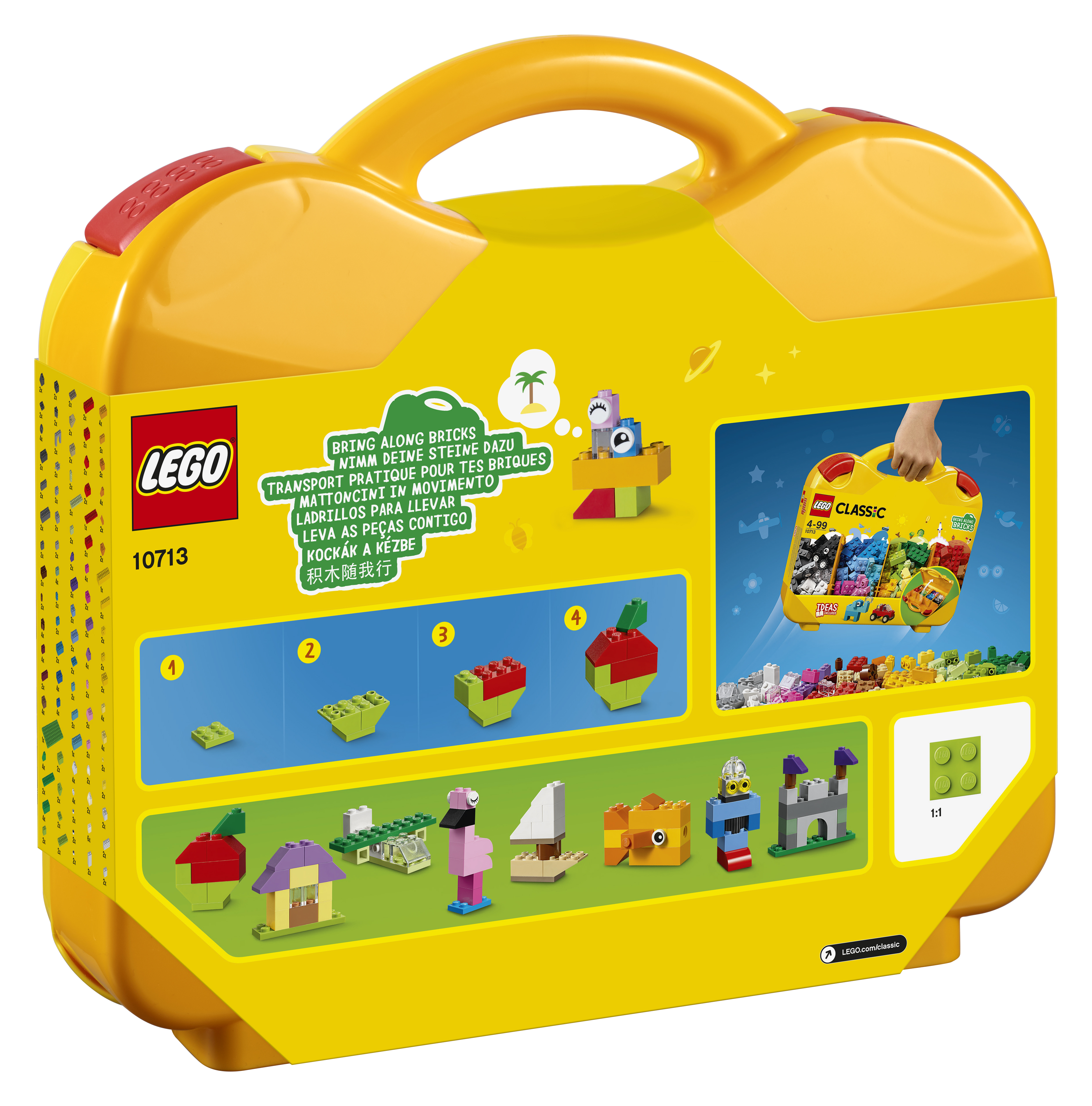 Eine gelbe Lego-Box mit Bauanleitungen und gebauten Modellen.
