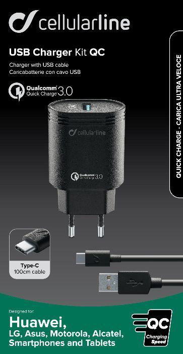 Ein schwarzes Cellularline USB-Ladegerät-Kit mit Ladegerät, USB-Kabel und Qualcomm Quick Charge-Logo. Für Smartphones und Tablets.