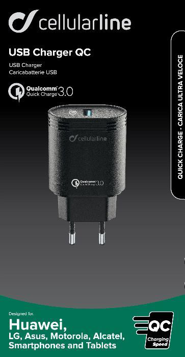 Ein schwarzes USB-Ladegerät mit dem Cellularline-Logo. Es unterstützt Qualcomm Quick Charge 3.0. Für Huawei, LG, Asus, Motorola und Alcatel.