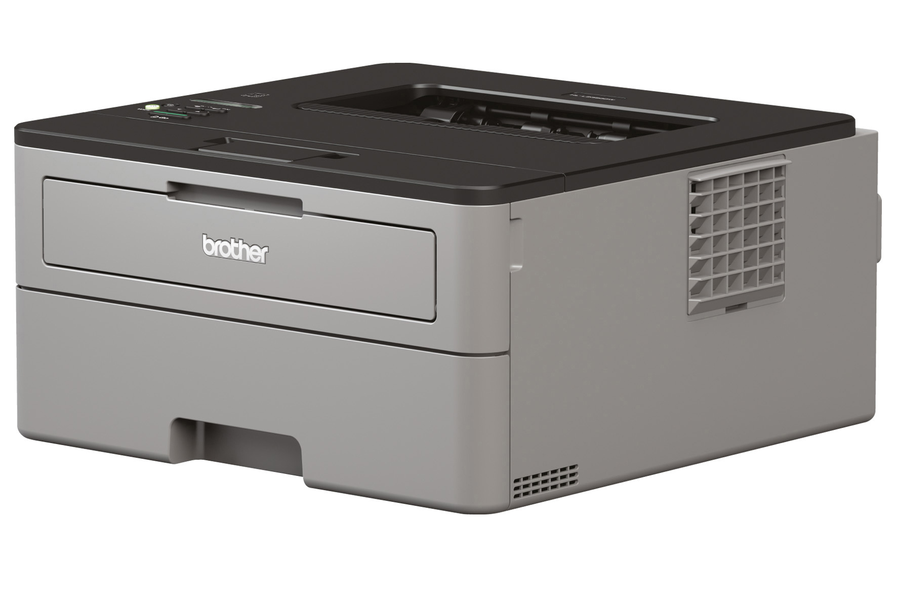 Ein Brother-Laserdrucker, hellgrau und schwarz, mit Papierfach.