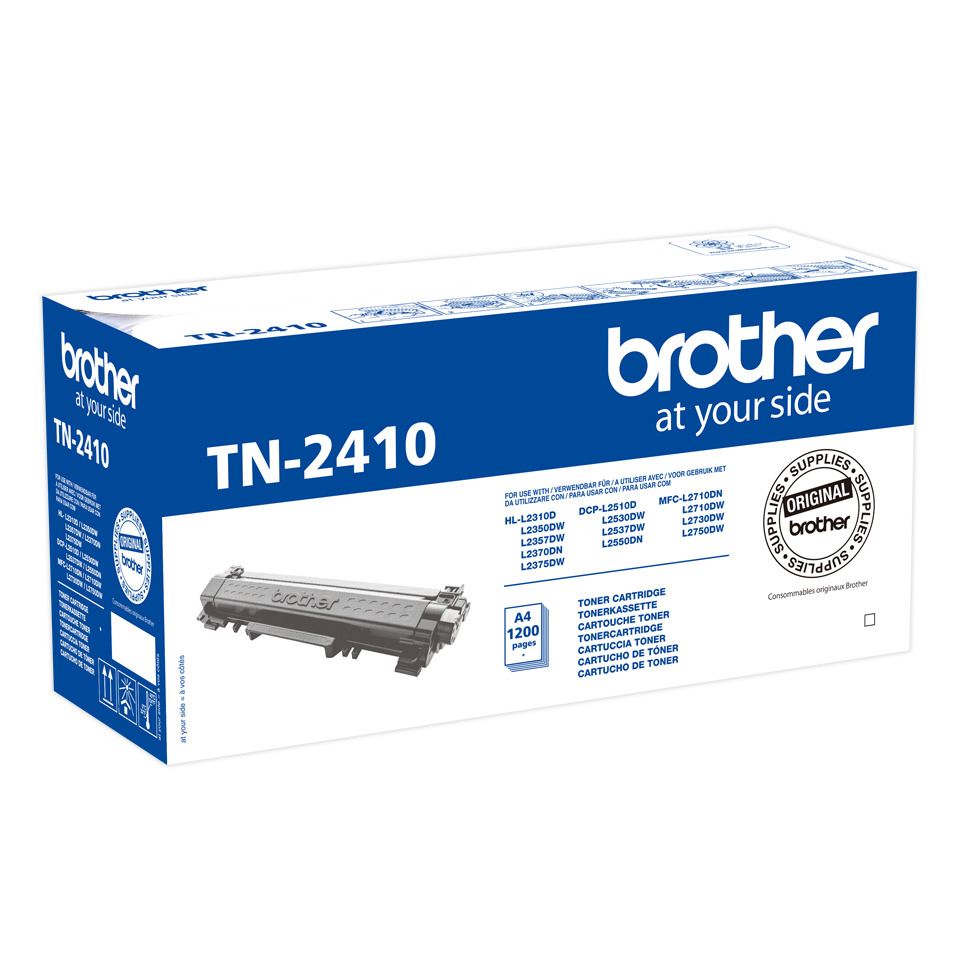 Eine Tonerkartuschenbox mit der Bezeichnung TN-2410 von Brother. Die Box ist weiß und blau mit Produktdetails.