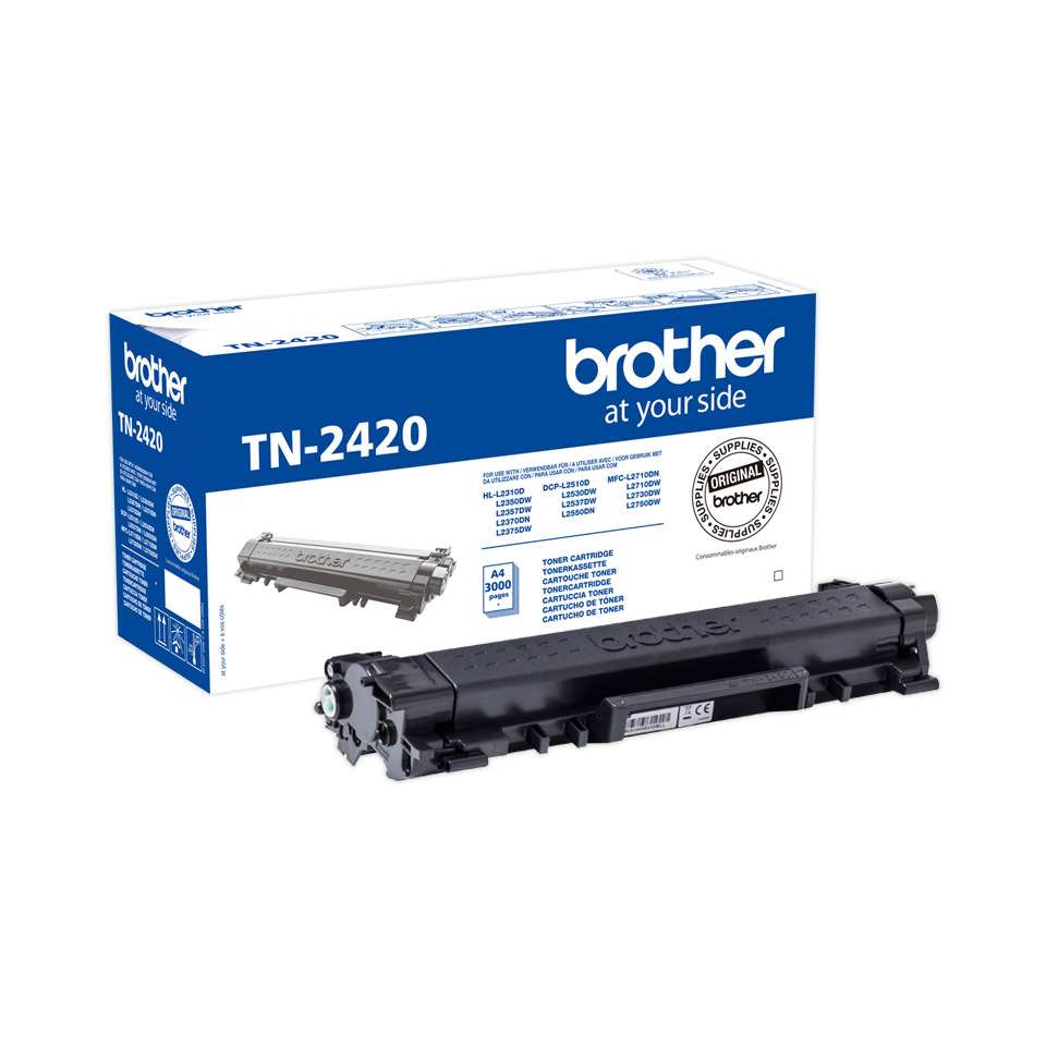 Eine Schachtel mit Brother TN-2420 Tonerkartusche und einer Kartusche daneben. Die Schachtel ist blau und weiß.