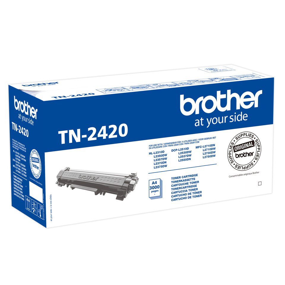 Ein Brother TN-2420 Tonerkartuschenkarton mit sichtbarer Kartusche.