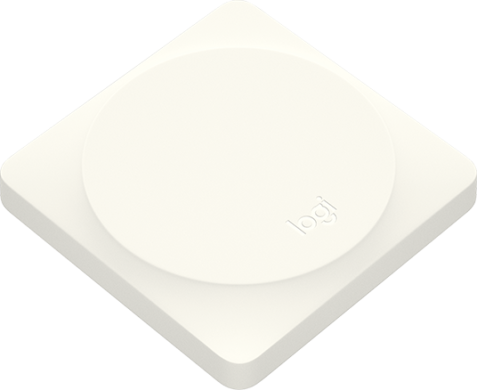 White square device with a circular top, featuring the Logi logo.