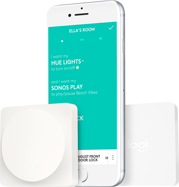 A smartphone with a smart home interface, with two white square devices.