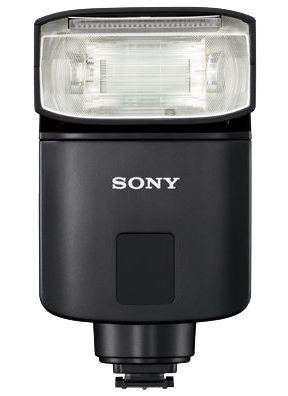 Sony flash unit, black, with a bright light. It has the Sony logo and a hot shoe mount.