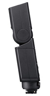 Black camera flash. It is angled. It is on a white background.