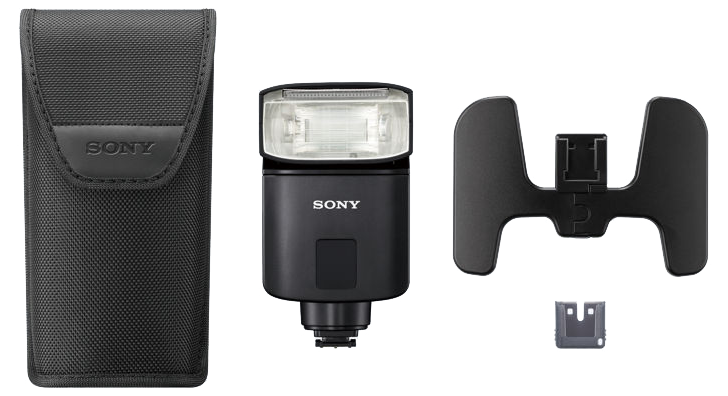 Black flash unit, case, and mounting accessories. The background is white.