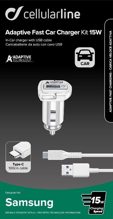 Weißes Autoladegerät mit USB-Kabel und Typ-C-Kabel.