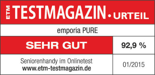 Rotes Logo mit 'ETM Testmagazin' und 'SEHR GUT', mit einem Prozentsatz und Produktdetails.