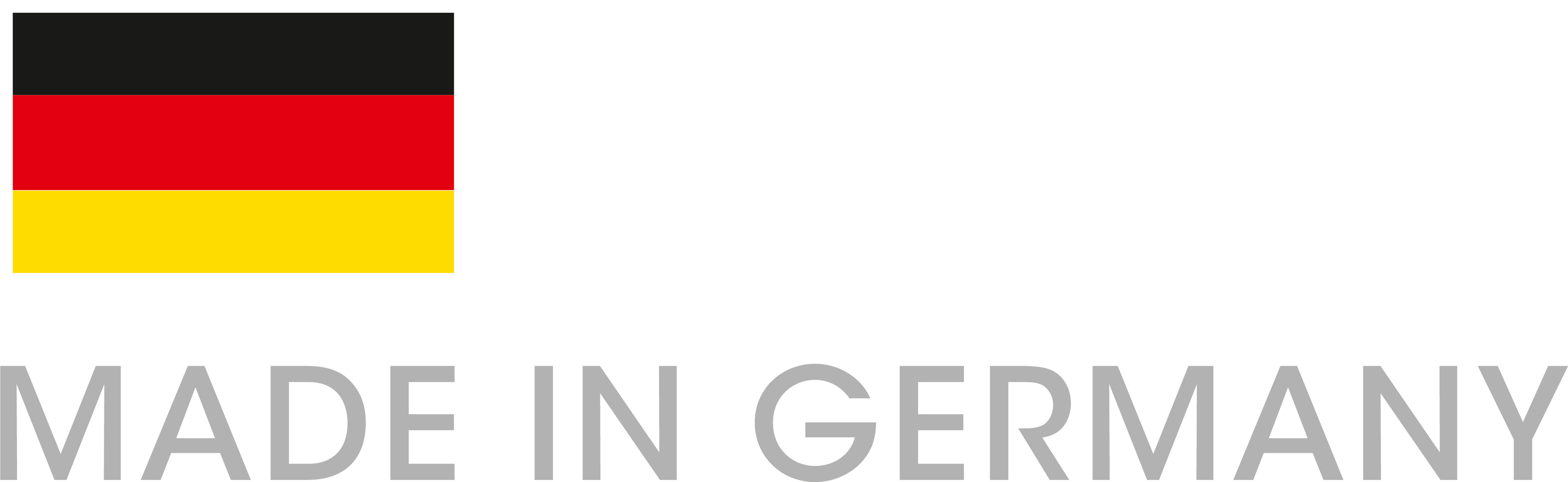 Deutsche Flaggenfarben mit Text MADE IN GERMANY, grauer Text auf weißem Hintergrund.