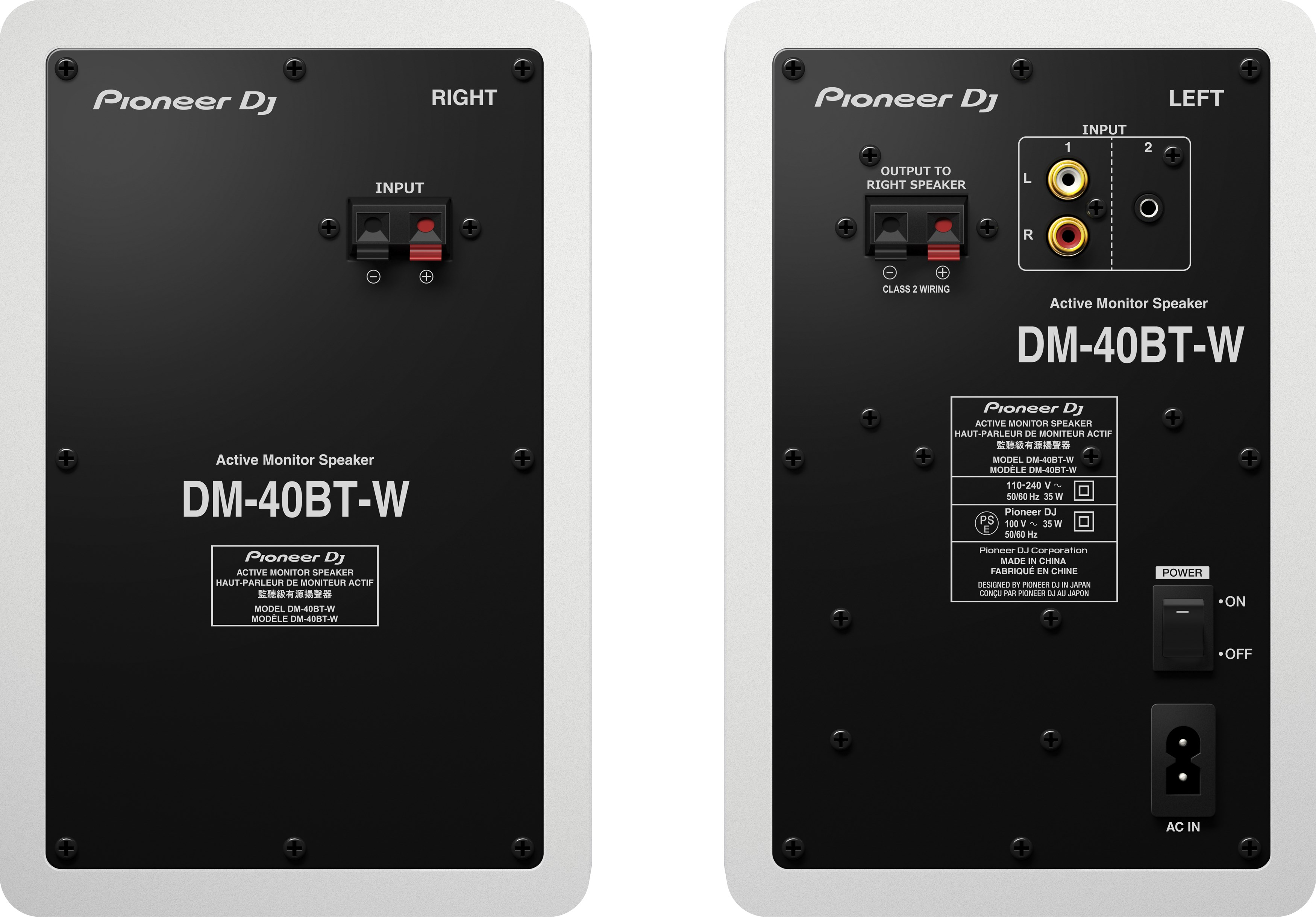 Twee Pioneer DJ actieve monitorluidsprekers. Zwarte achterkant met labels en aansluitingen.