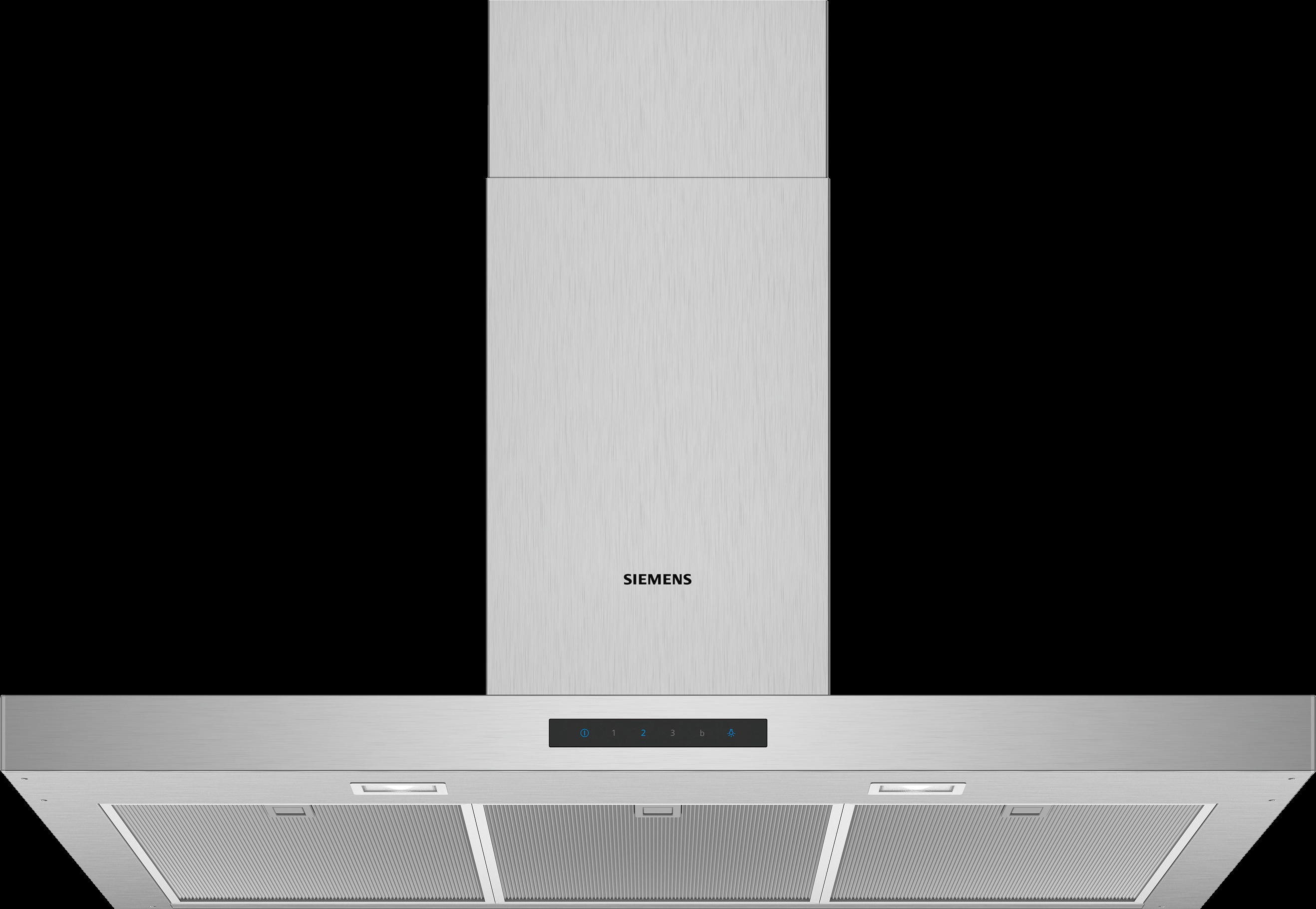 Silberne Dunstabzugshaube mit Siemens-Branding und schwarzem Bedienfeld.