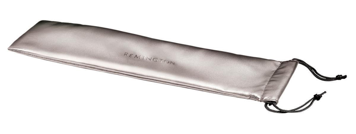 Silberner Satinbeutel mit REMINGTON-Aufdruck. Er hat schwarze Kordelzüge.