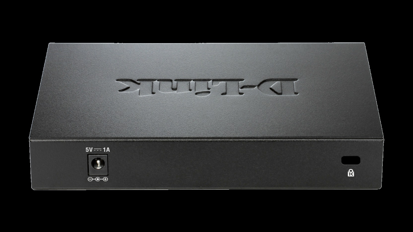Ein schwarzer D-Link Netzwerk-Switch mit Anschlüssen und einem Stromeingang.
