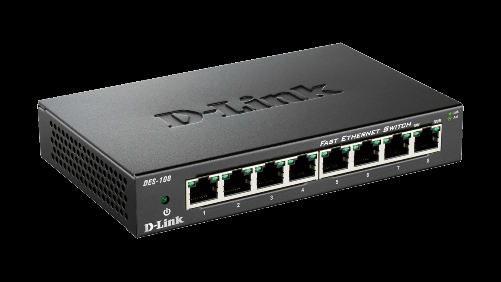 Schwarzer D-Link DES-108 Fast Ethernet Switch. Hat 8 Ports und Lichter. Schwarzer Hintergrund.