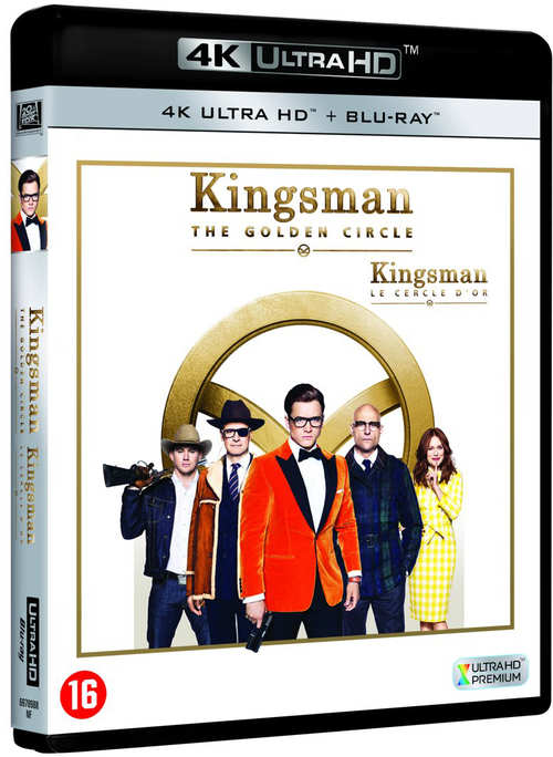 Kingsman: The Golden Circle Blu-ray cover. Features cast in front of a golden circle. Bold text, 4K Ultra HD.