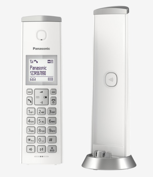 Weißes kabelloses Panasonic-Telefon und Basis. Telefon hat Display und Tasten. Weißer Hintergrund.