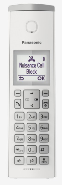 Weißes schnurloses Panasonic-Telefon. Display zeigt 'Nuisance Call Block'.