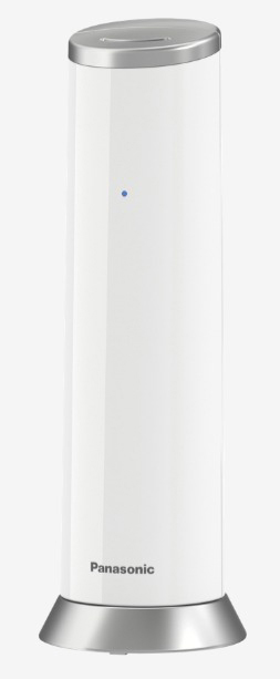 Weiße Panasonic-Telefonbasis mit silbernem Ober- und Unterteil. Blaues Licht vorne.