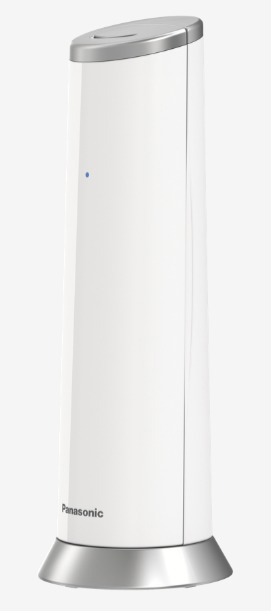 Eine weiße Panasonic-Telefonbasisstation mit blauem Licht und dem Panasonic-Logo.