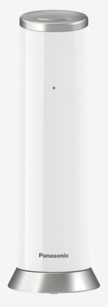 Zylindrisches Gerät in Weiß und Silber, mit blauem Licht und silbernem Sockel.
