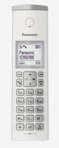 Weißes schnurloses Telefon mit Tasten und Bildschirm mit Nummern. Weißer Hintergrund.