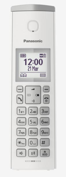 Weißes schnurloses Panasonic-Telefon mit kleinem Bildschirm, der Zeit und Datum anzeigt.