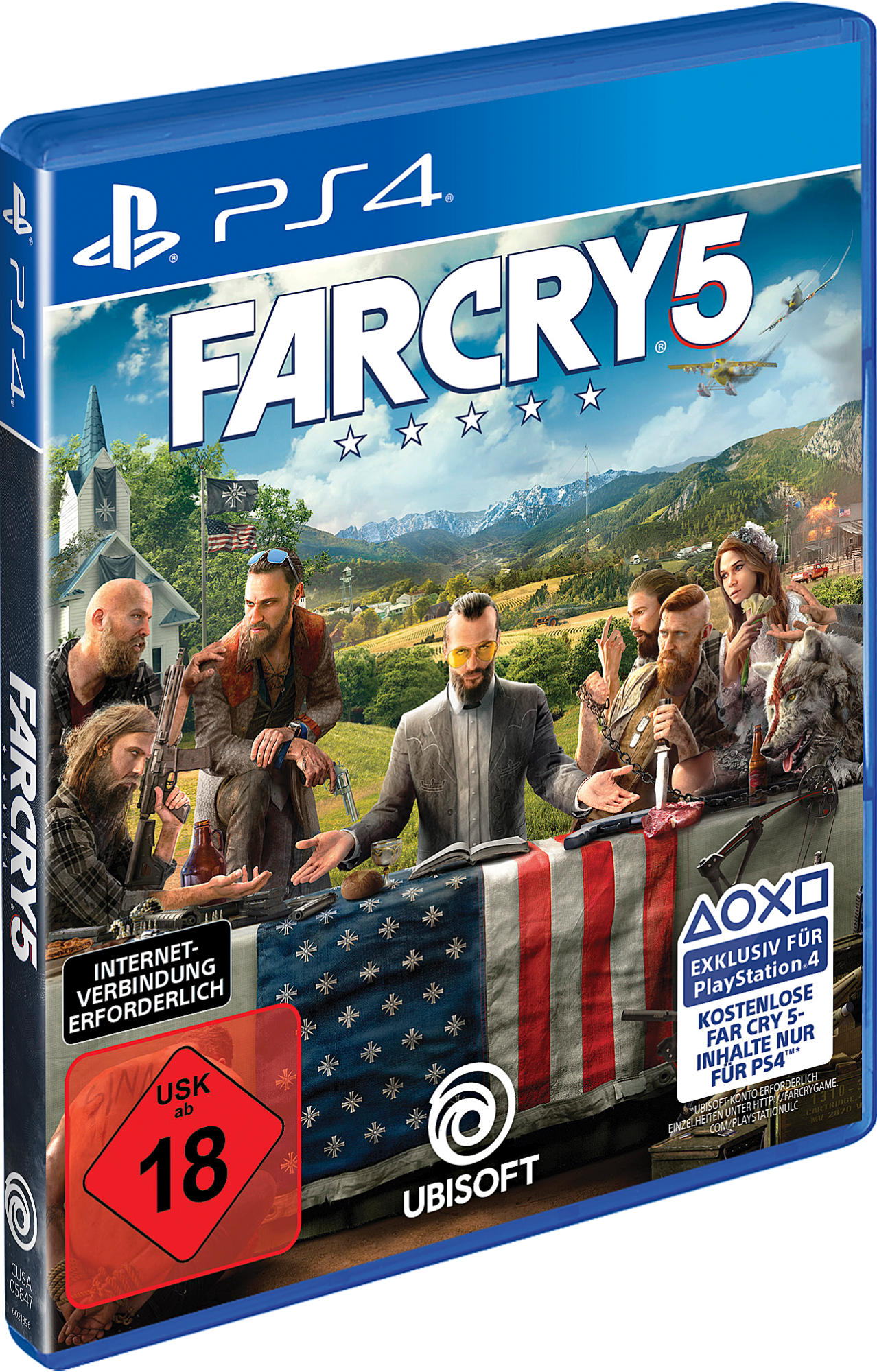 Far Cry 5 PS4-Spielcover, mit Charakteren um einen Tisch und einer ländlichen Landschaft.