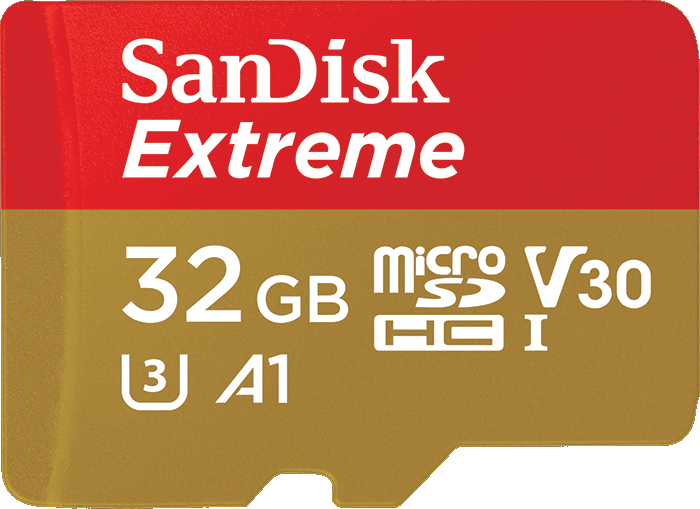 A Sandisk Extreme microSD card with bold red and gold branding, listing storage info.