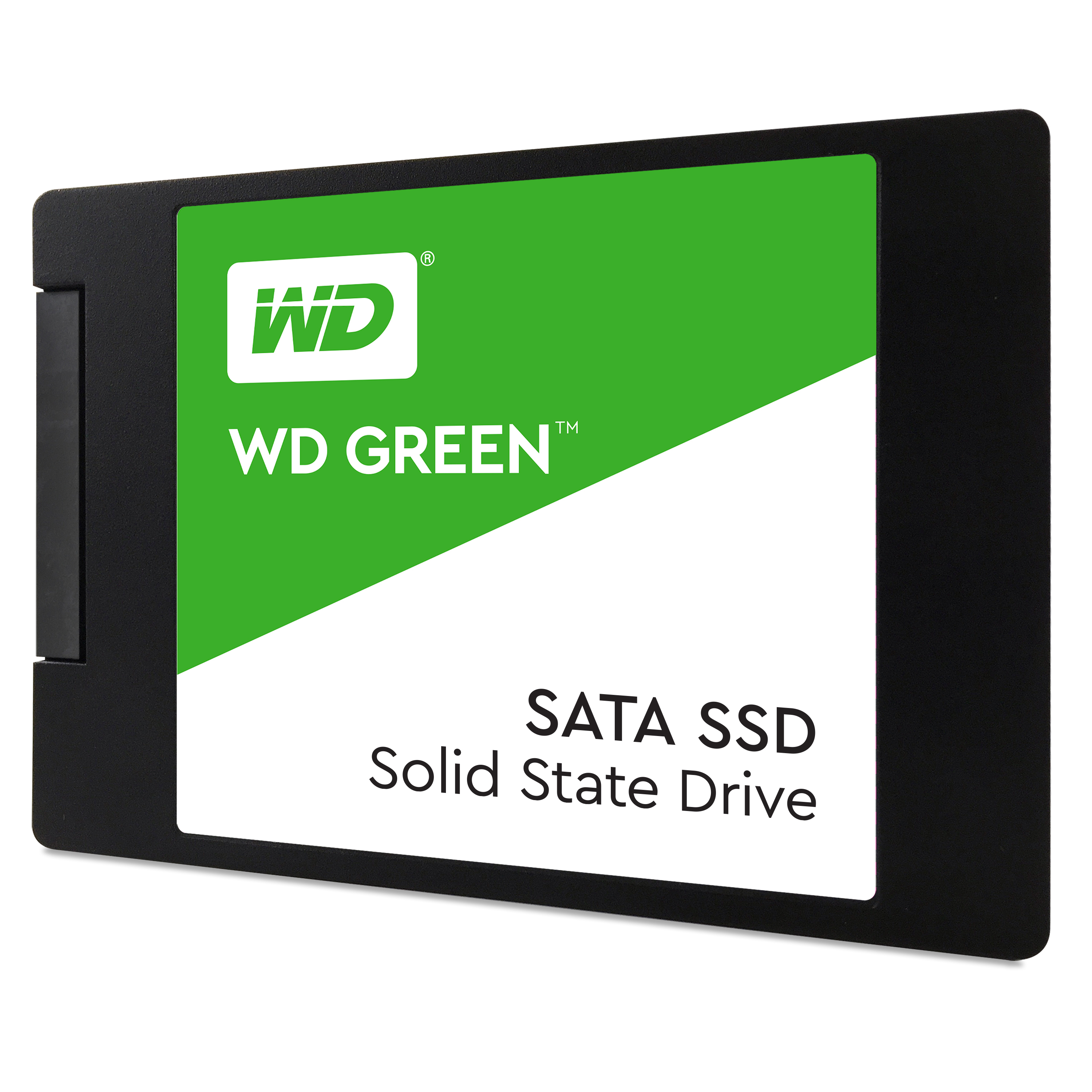 Eine WD GREEN SATA SSD, schwarzes Quadrat, grün-weißes Etikett.