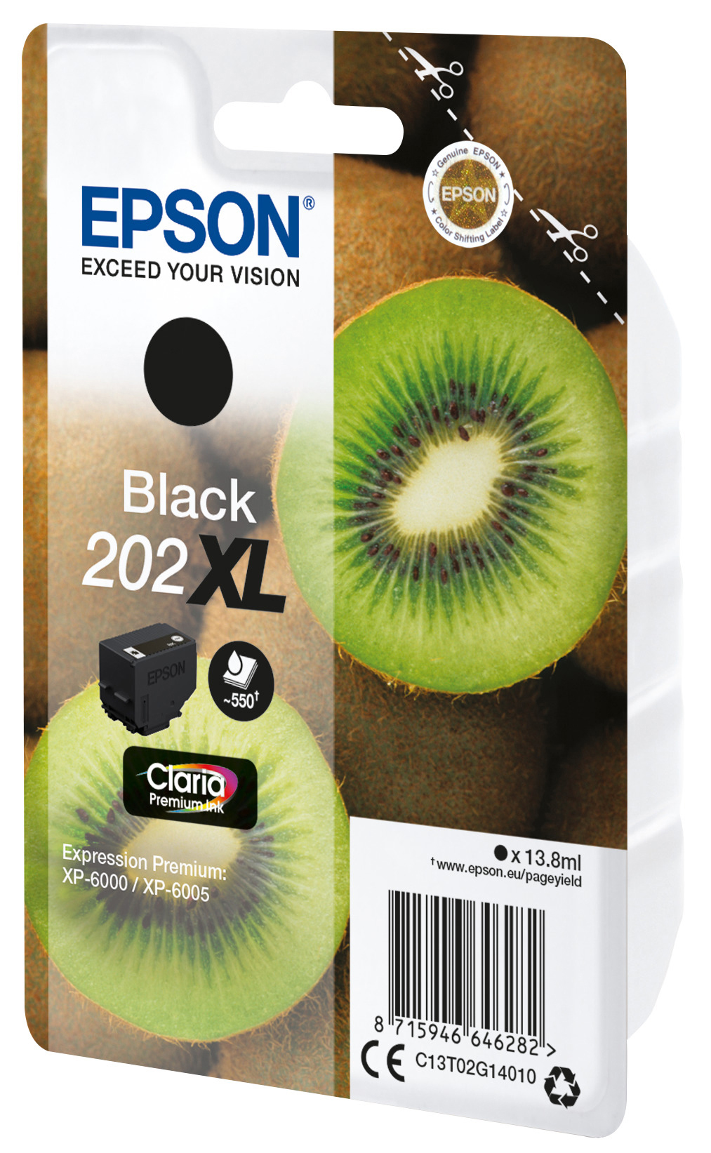 Epson 202XL schwarze Tintenpatrone, mit Kiwi-Frucht-Hintergrund.