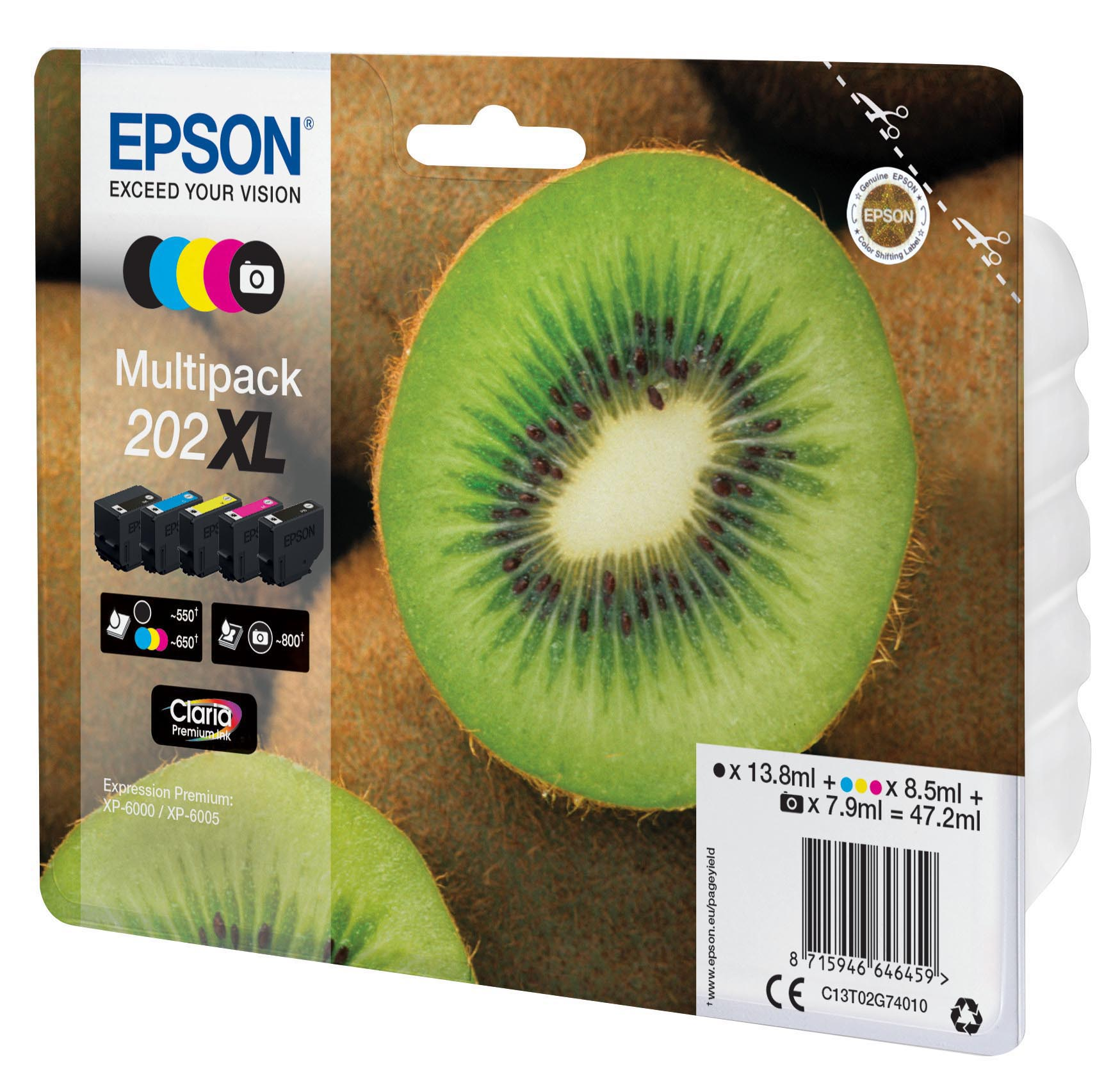 Epson Tintenpatronenpackung, Kiwi-Hintergrund, Text und Tintenpatronen sichtbar.
