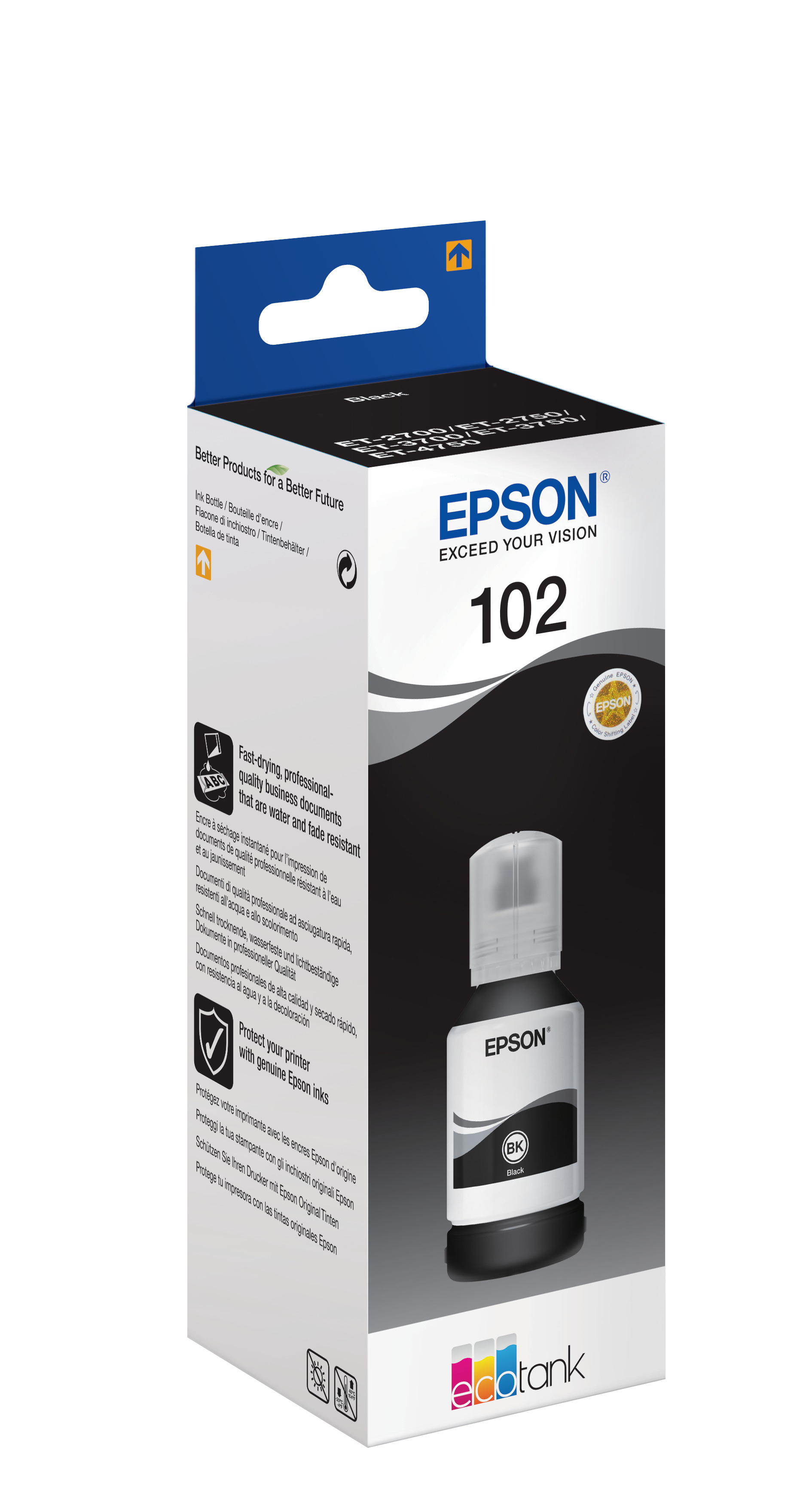 Epson 102 Tintenflasche in der Box. Flasche ist schwarz und weiß. Box mit Produktdetails und Branding.