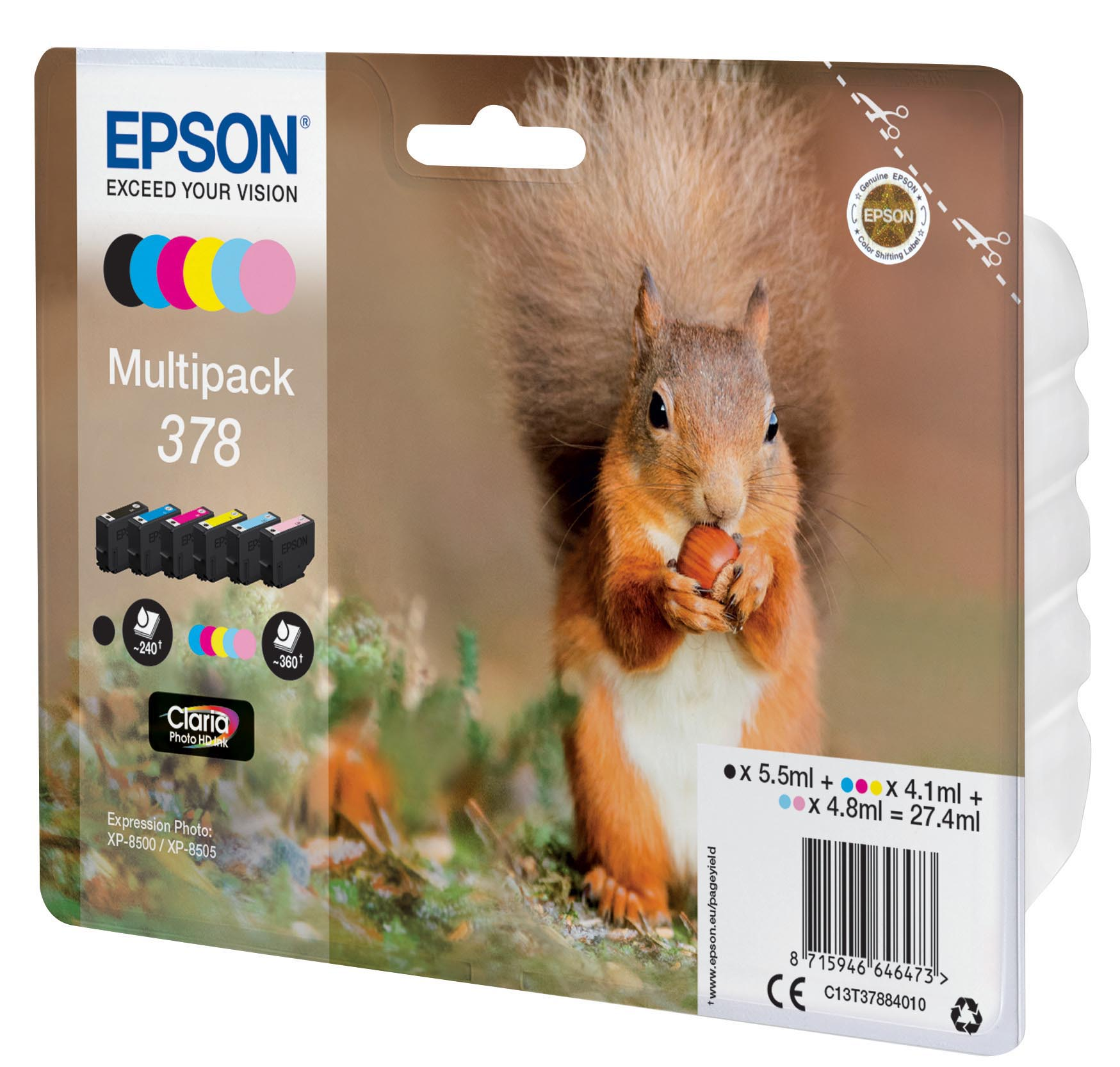 Epson-Tintenpackung, Eichhörnchen mit Nuss, Text und Tintenpatronen auf weißem Hintergrund.