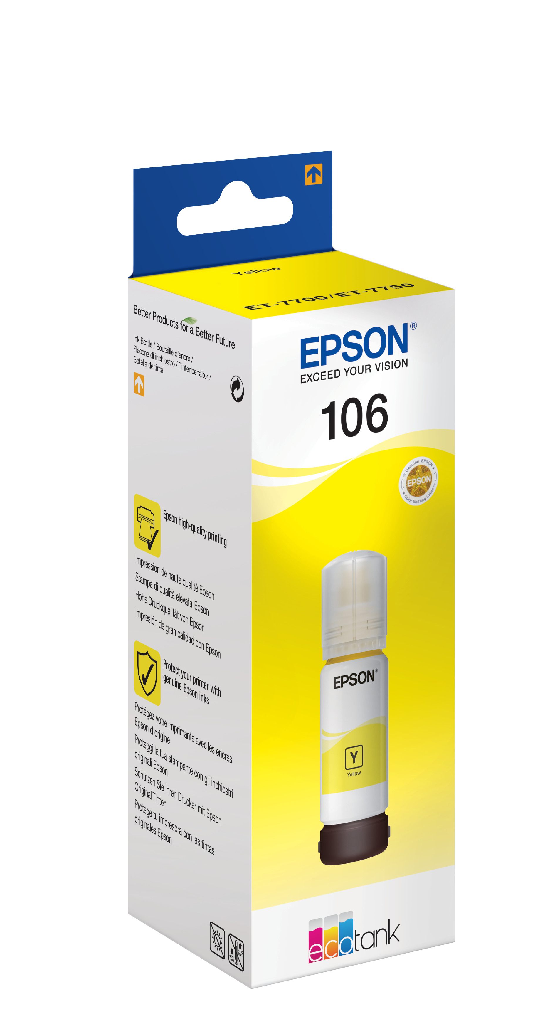 Epson Tintenpatronenbox mit gelber Tintenflasche. Weiße, gelbe und blaue Verpackung.
