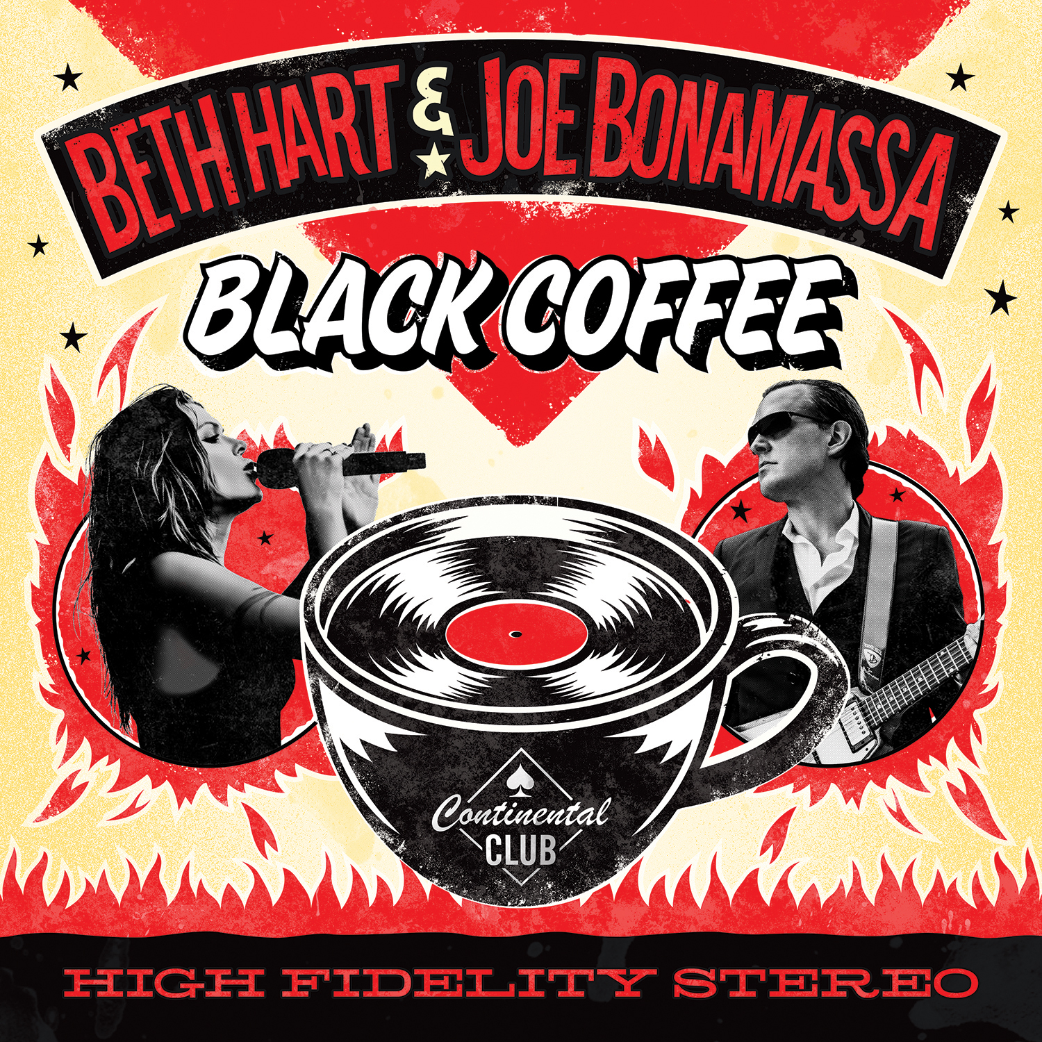 Album borító: Beth Hart & Joe Bonamassa - Black Coffee. Stilizált kávéscsésze előadókkal mindkét oldalon.